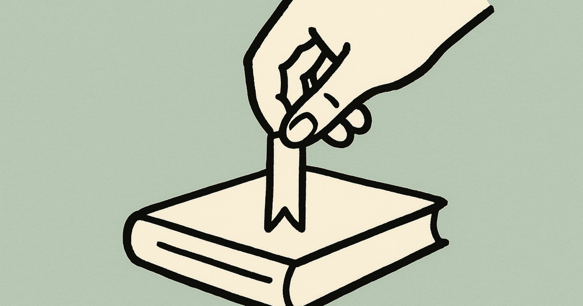Hand-drawn illustration of a hand placing a bookmark on stacked pages on a pale mint background