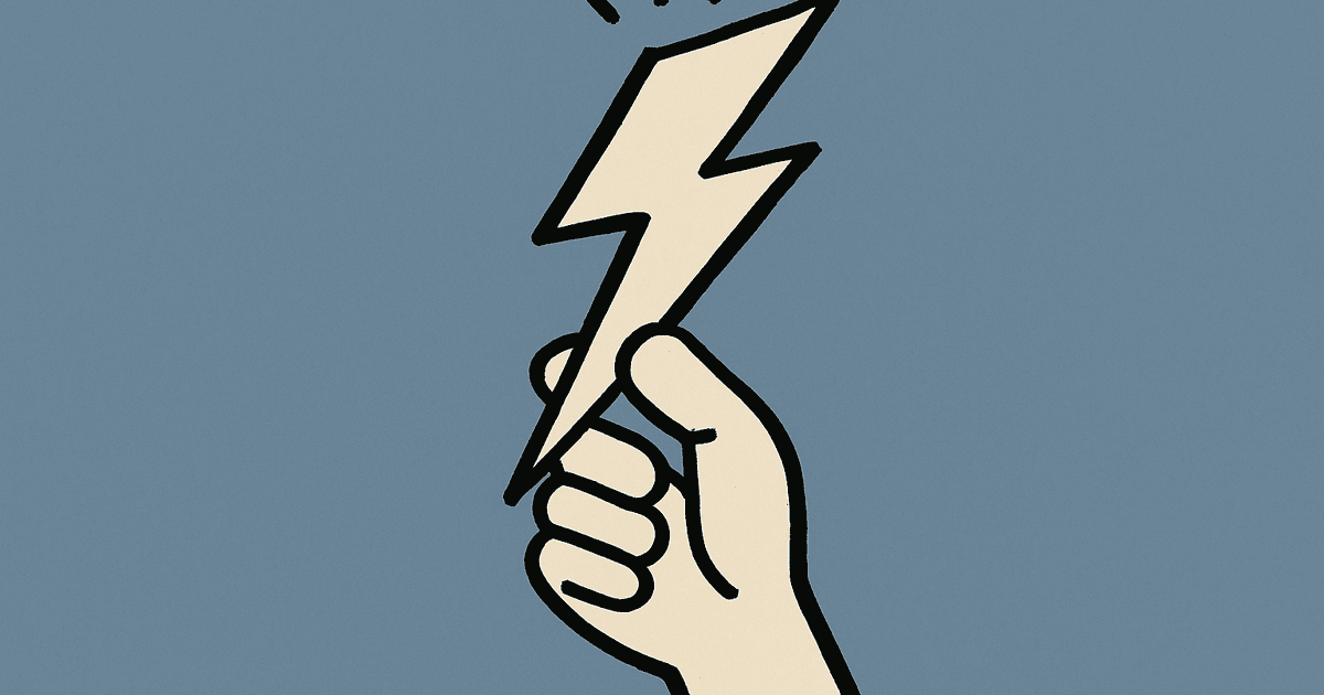 Hand-drawn illustration of a hand holding up a cream lightning bolt on a slate blue background