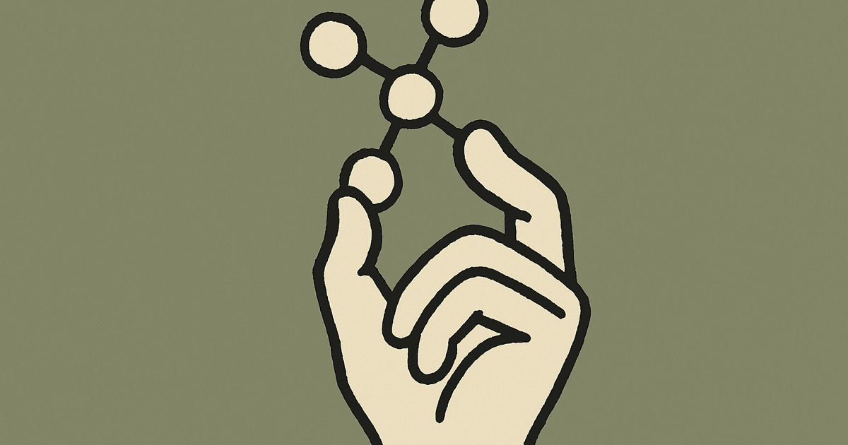 Hand-drawn illustration of a hand holding up a molecule of connected nodes on a sage green background