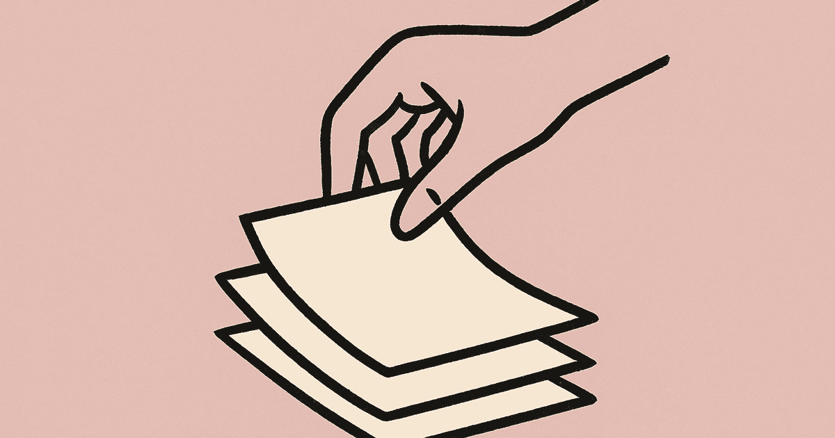 Hand-drawn illustration of a hand stacking overlapping rectangles on a dusty pink background